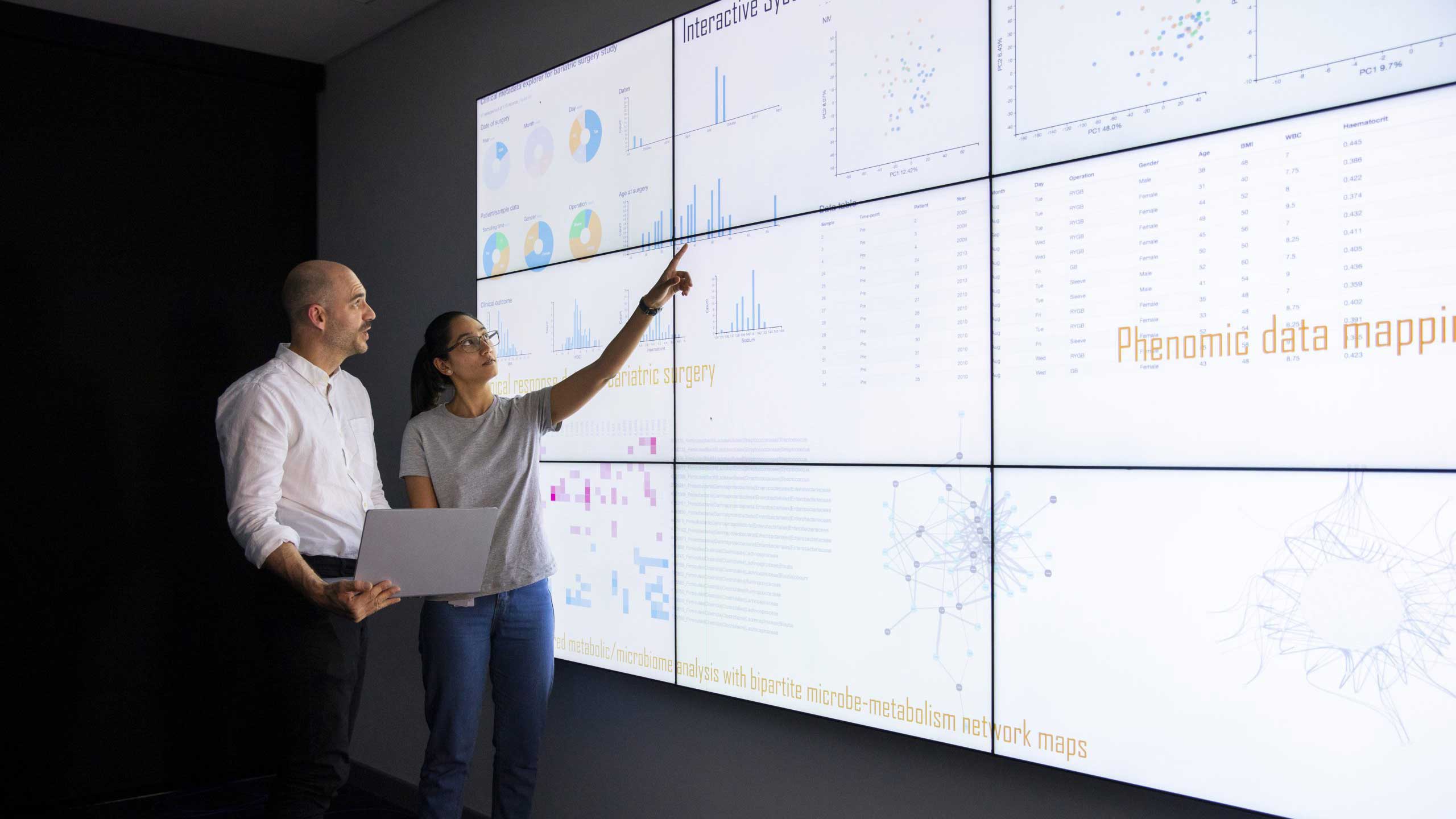 Two professionals looking at data on a big screen