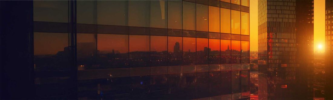 Close up of buildings at sunset