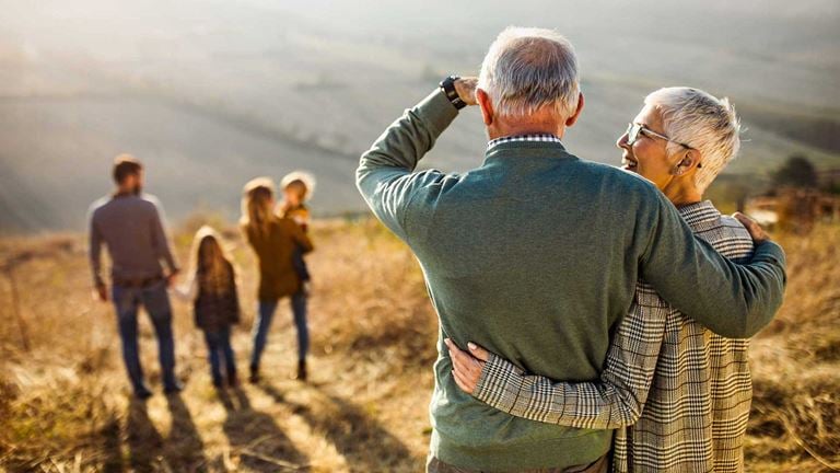 A family walking through the countryside