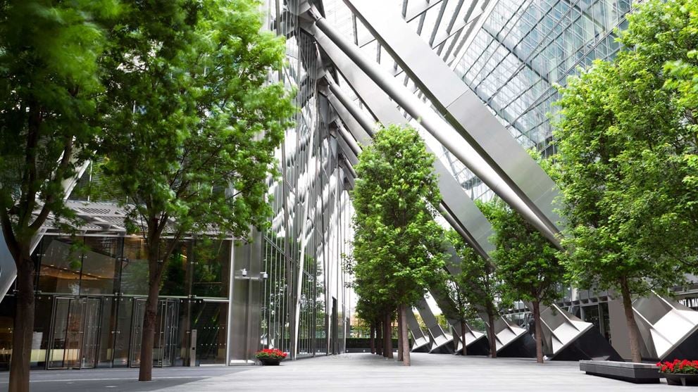 Glass lobby with trees inside