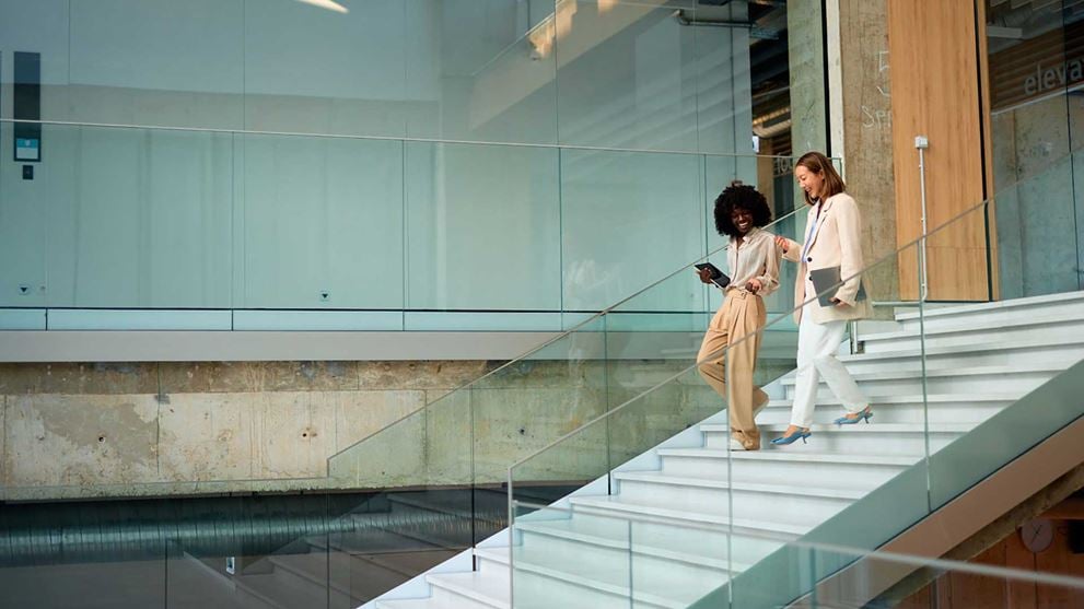 Two professionals walking down the stairs