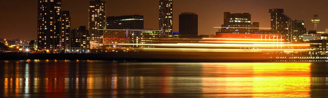 Office landscape at night from a harbour