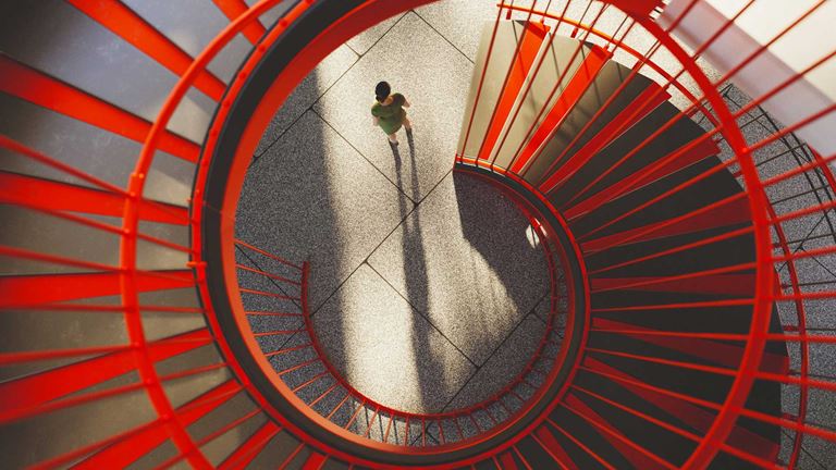 Aerial shot of an office building spiral staircase